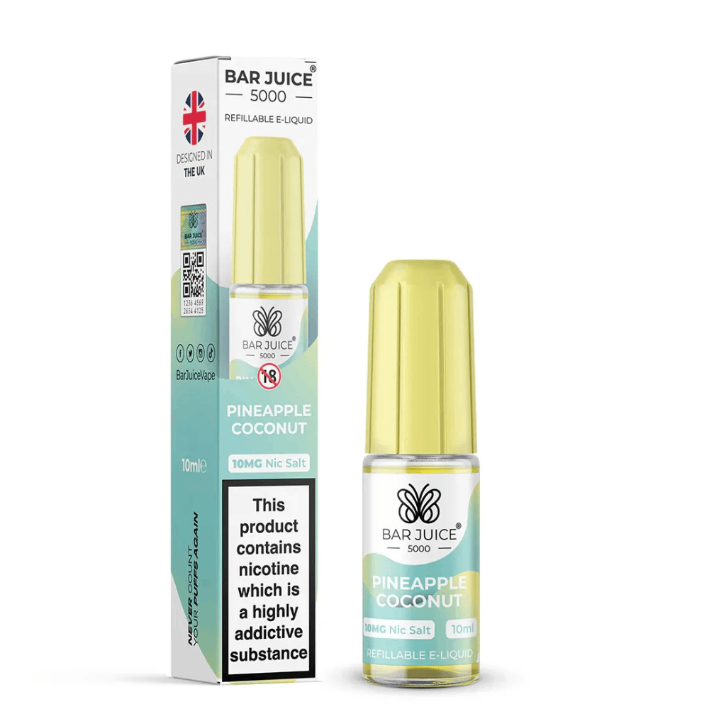 Bar Juice 5000 Pineapple Coconut 10ml refillable e-liquid bottle and packaging with nicotine warning