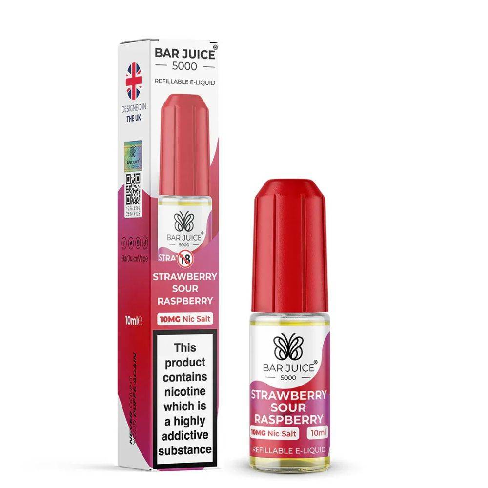 Bar Juice 5000 refillable e-liquid bottle and box, strawberry sour raspberry flavor, 10ml, 10mg nicotine salt