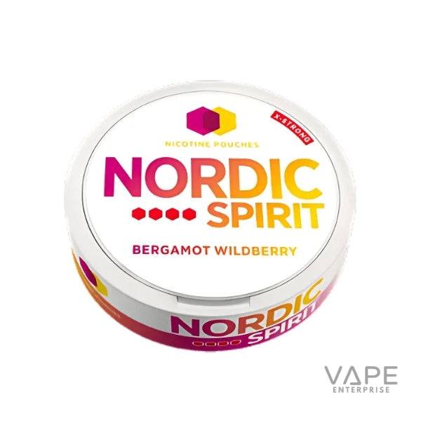 Nordic Spirit Bergamot Wildberry nicotine pouches round white container with vibrant logo