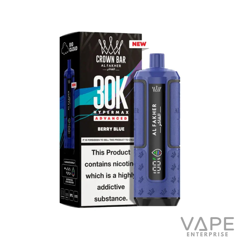 Al Fakher Crown Bar 30K Hypermax Advanced Berry Blue disposable vape and packaging