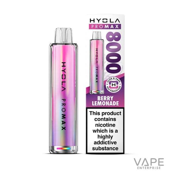 HYOLA Pro Max 8000 disposable vape device and box with berry lemonade flavor and nicotine warning