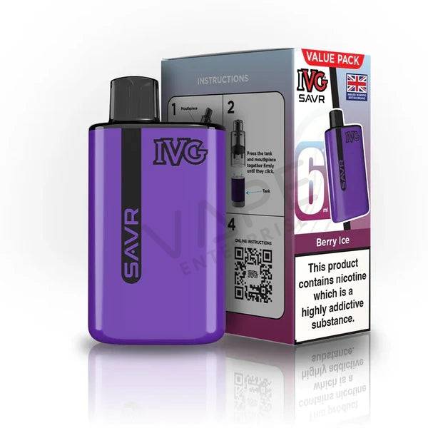 IVG SAVR Berry Ice disposable vape device in purple with retail box, nicotine warning, UK flag