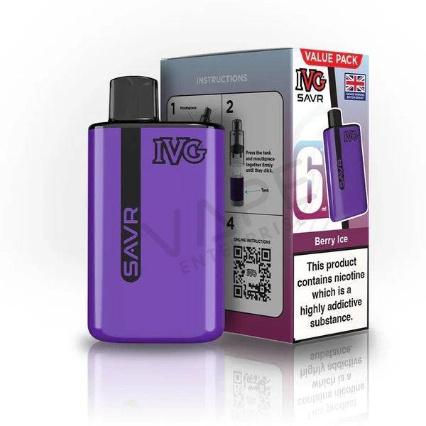 IVG SAVR Berry Ice disposable vape device in purple with retail box, nicotine warning, UK flag