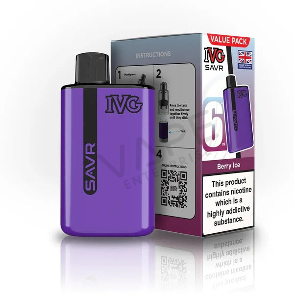 IVG SAVR Berry Ice disposable vape device in purple with retail box, nicotine warning, UK flag