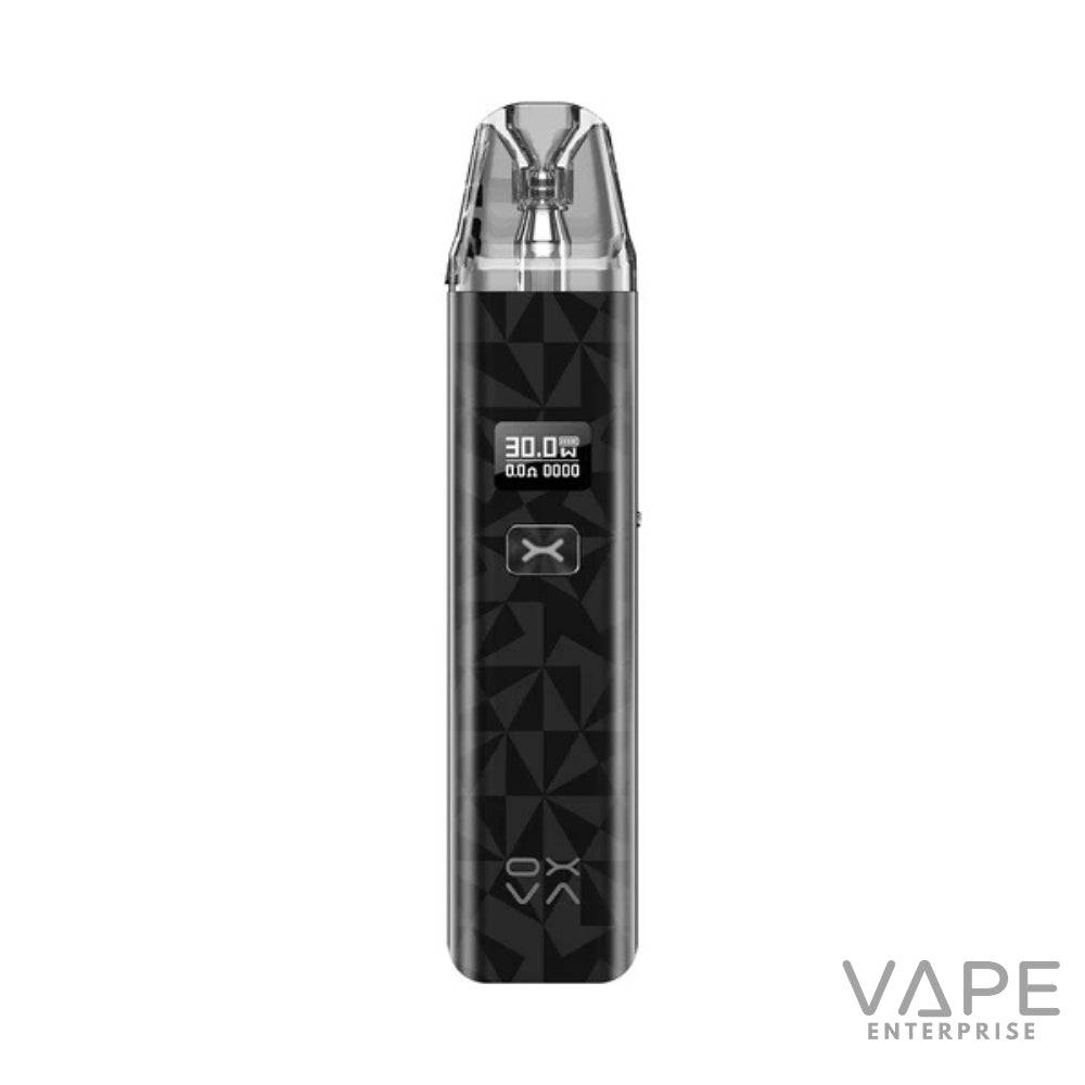 Black vape device with digital screen showing 30.0W, geometric pattern, transparent mouthpiece