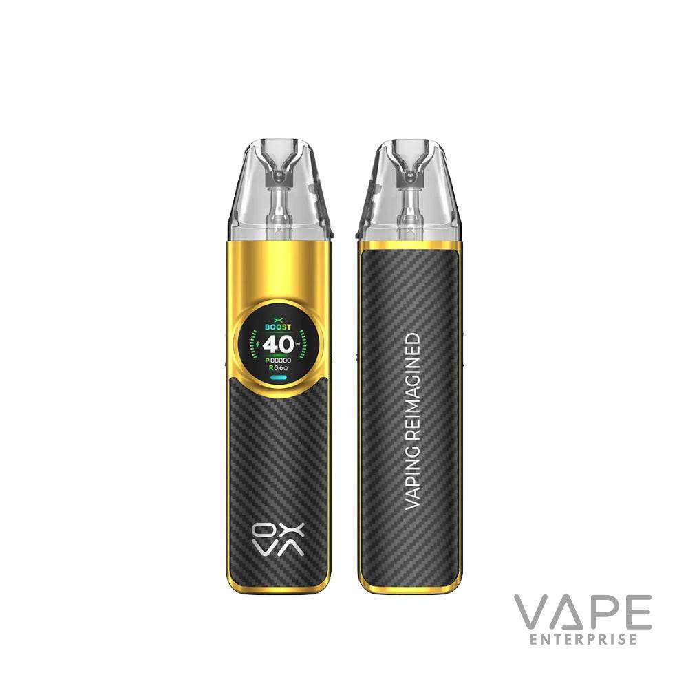 Gold and black carbon fiber vape device with digital screen, showing 40W power and vaping reimagined text
