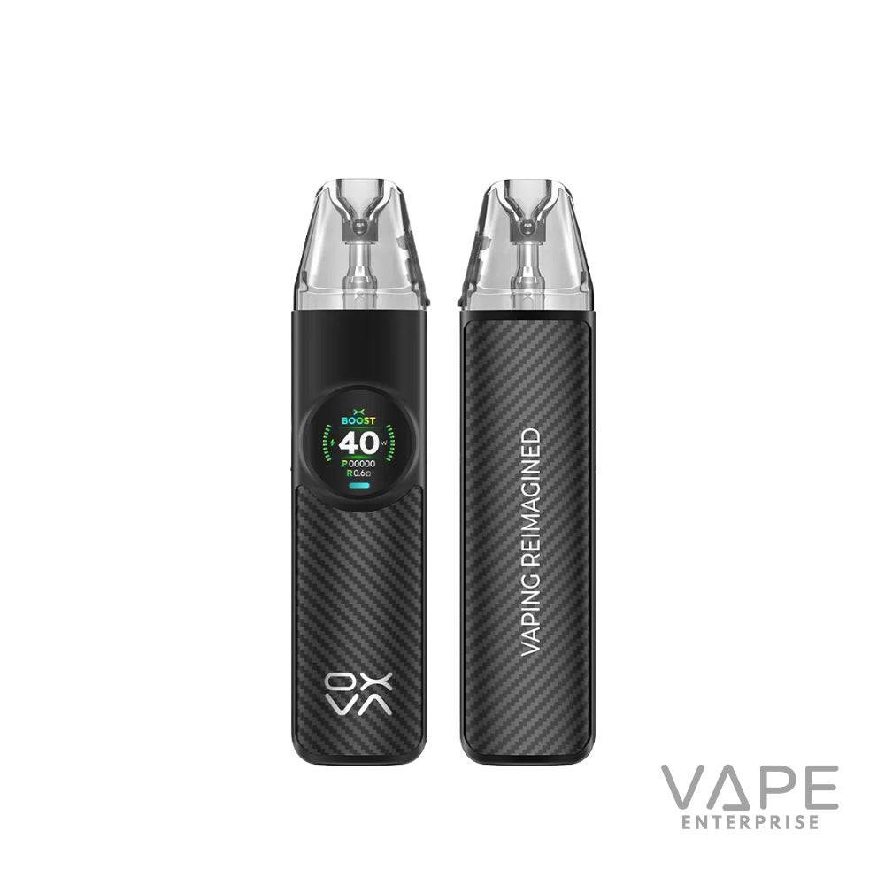 Black carbon fiber textured vaping device with circular screen showing 40W and text Vaping Reimagined