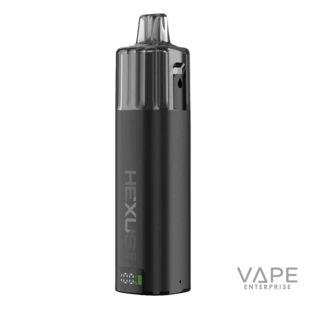 Black Hexus Go disposable vape device, sleek design with digital display on white background