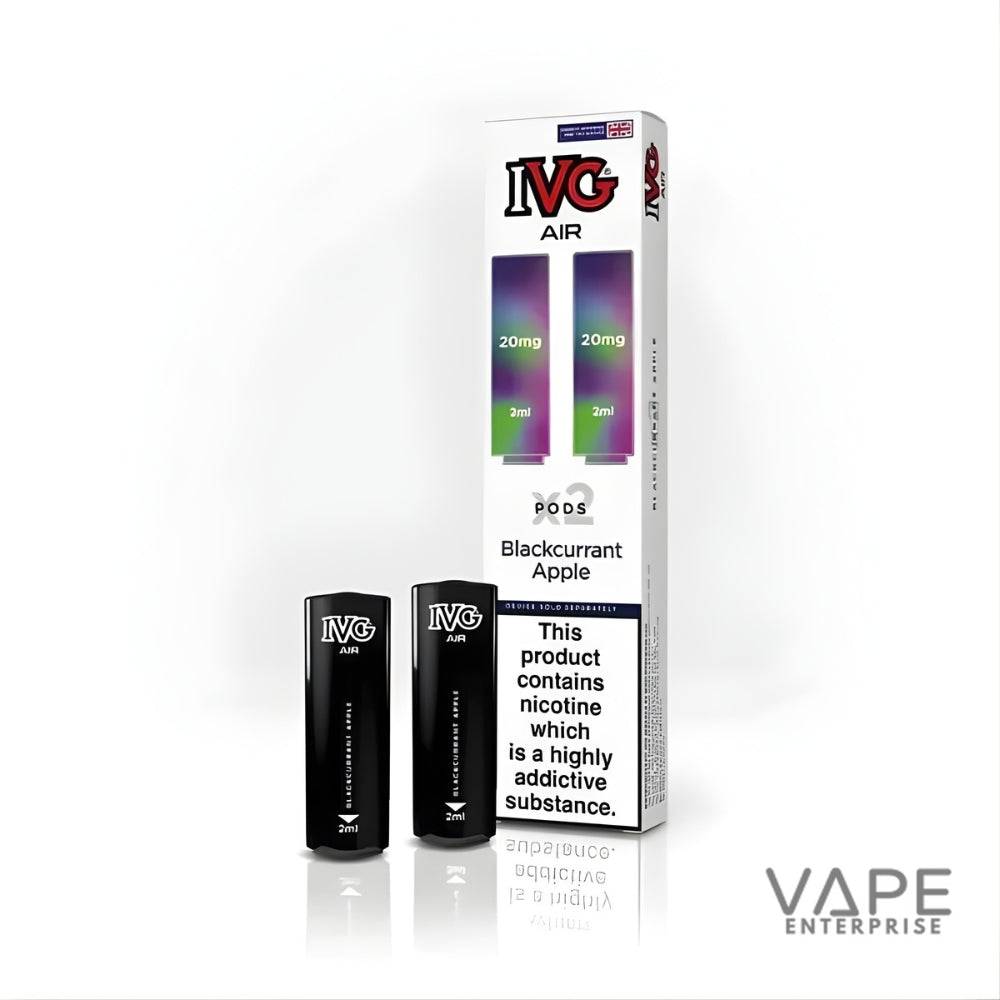 IVG Air Blackcurrant Apple vape pods pack with two 20mg 2ml pods and addiction warning