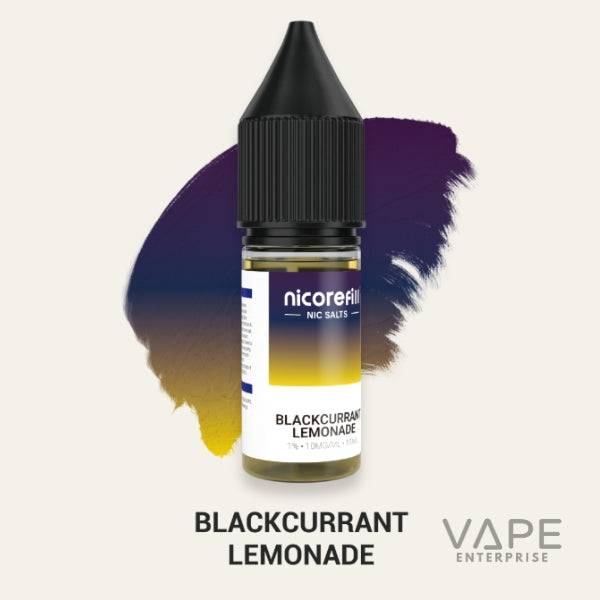 Nicorefill blackcurrant lemonade nicotine salt vape juice bottle with purple and yellow splash background