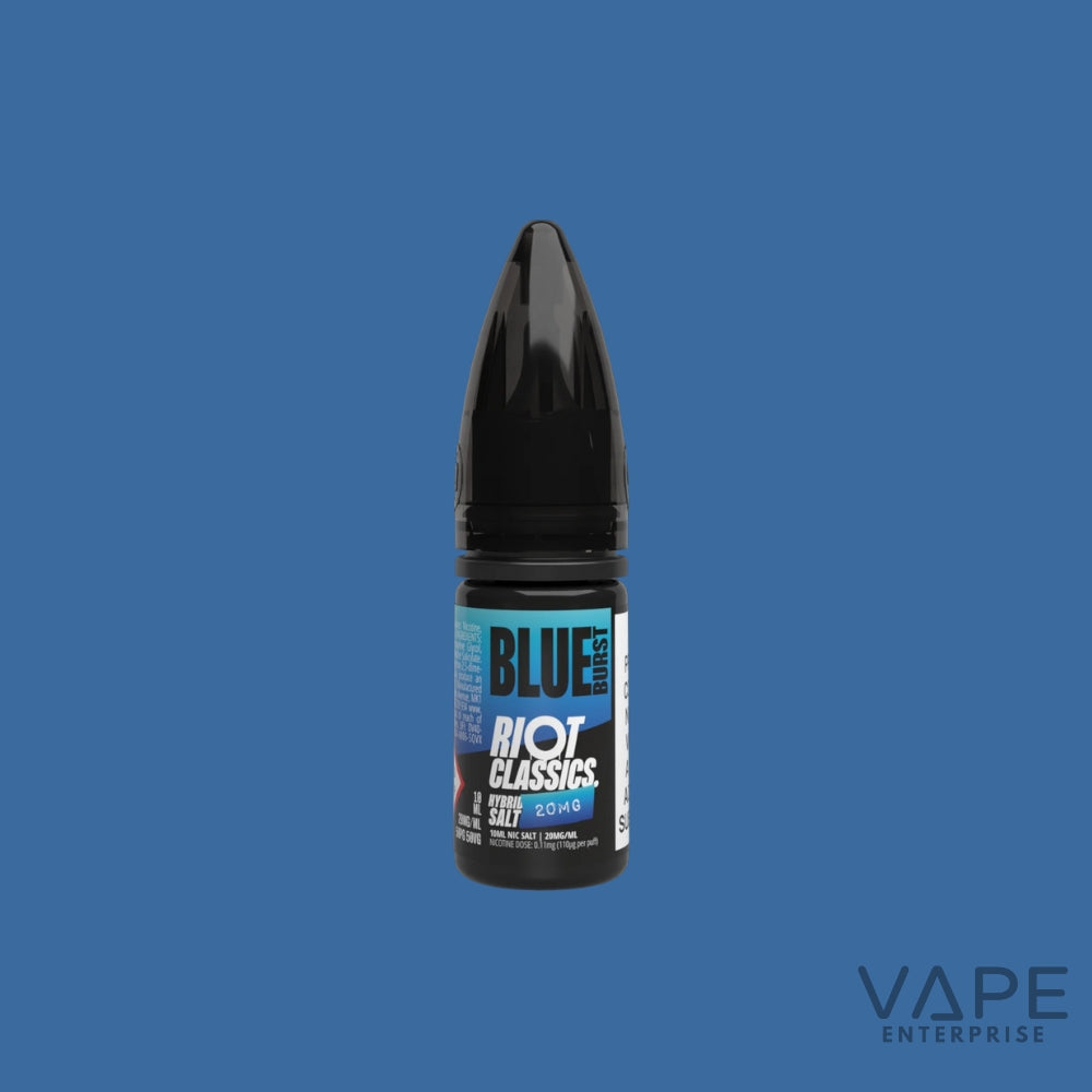 Vape juice bottle labeled 'Blue' by 'Riot Classics' on a blue background