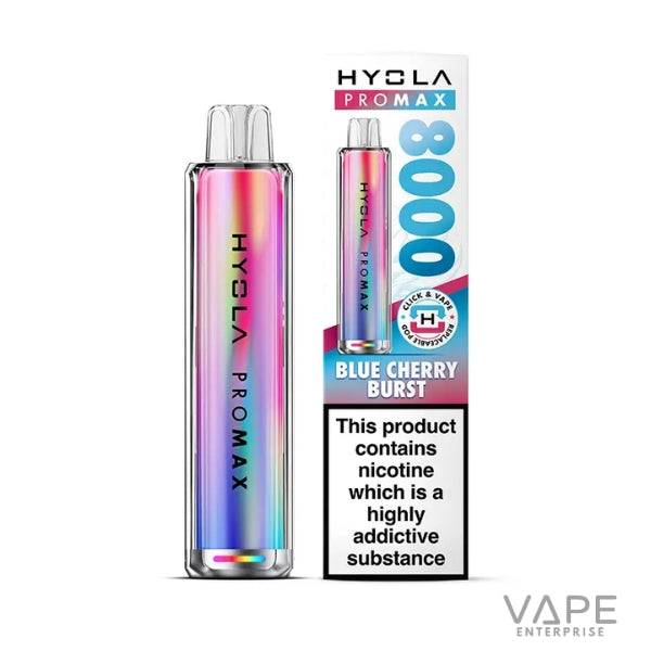 Hyola Pro Max 8000 Blue Cherry Burst disposable vape device with nicotine warning label on packaging