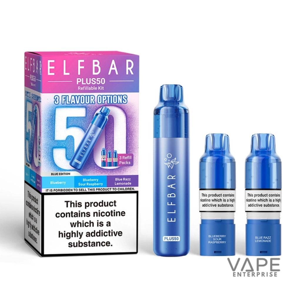 Elf Bar Plus50 refillable vaping kit with packaging on a white background
BlueEdition