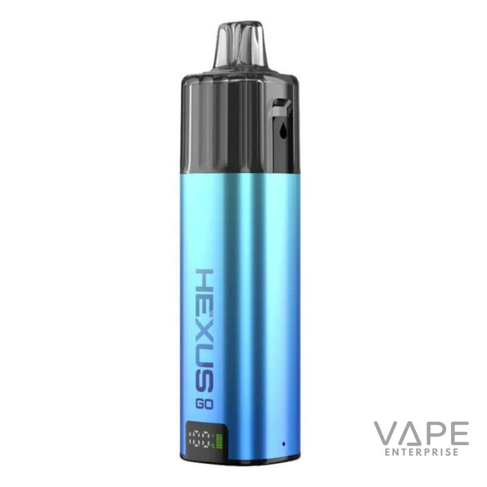 Blue HEXUS GO disposable vape device with digital display and black mouthpiece