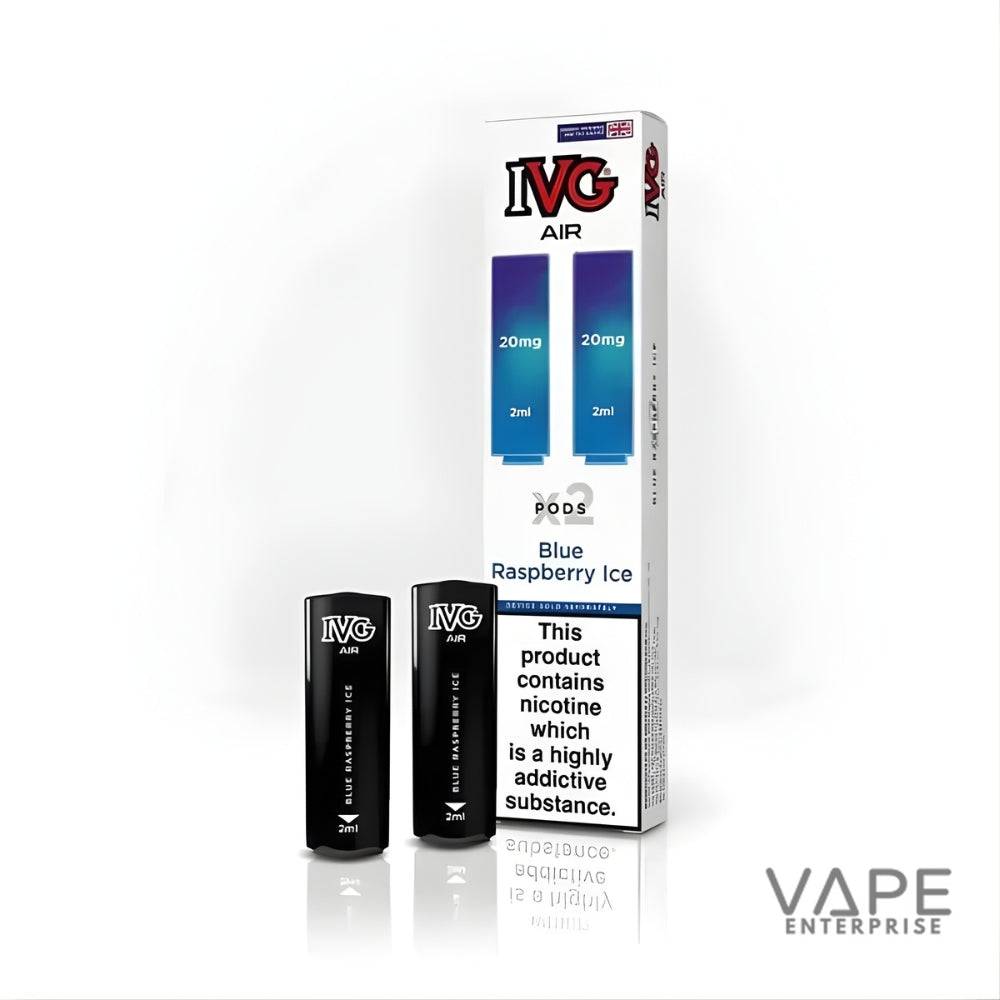IVG Air Blue Raspberry Ice vape pods packaging with two black pods and nicotine warning
