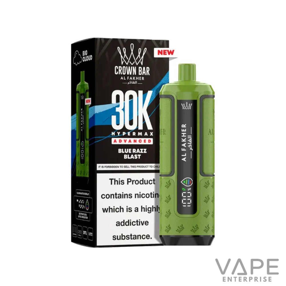 Al Fakher Crown Bar 30K Hypermax Advanced Blue Razz Blast vape device with green finish and black packaging