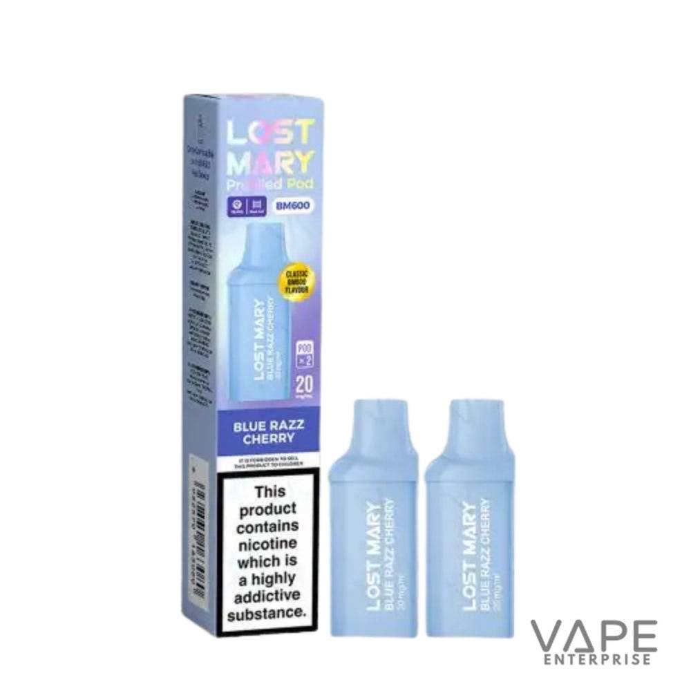 Lost Mary Blue Razz Cherry vape device and packaging on a white background