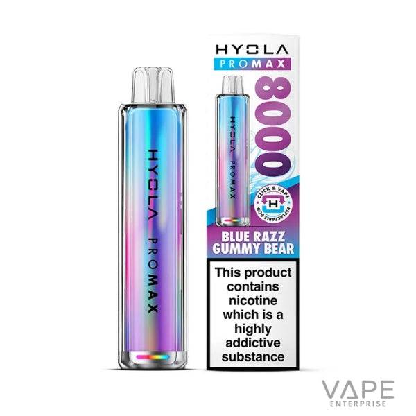 Hyola Pro Max 8000 Blue Razz Gummy Bear disposable vape device with nicotine warning label