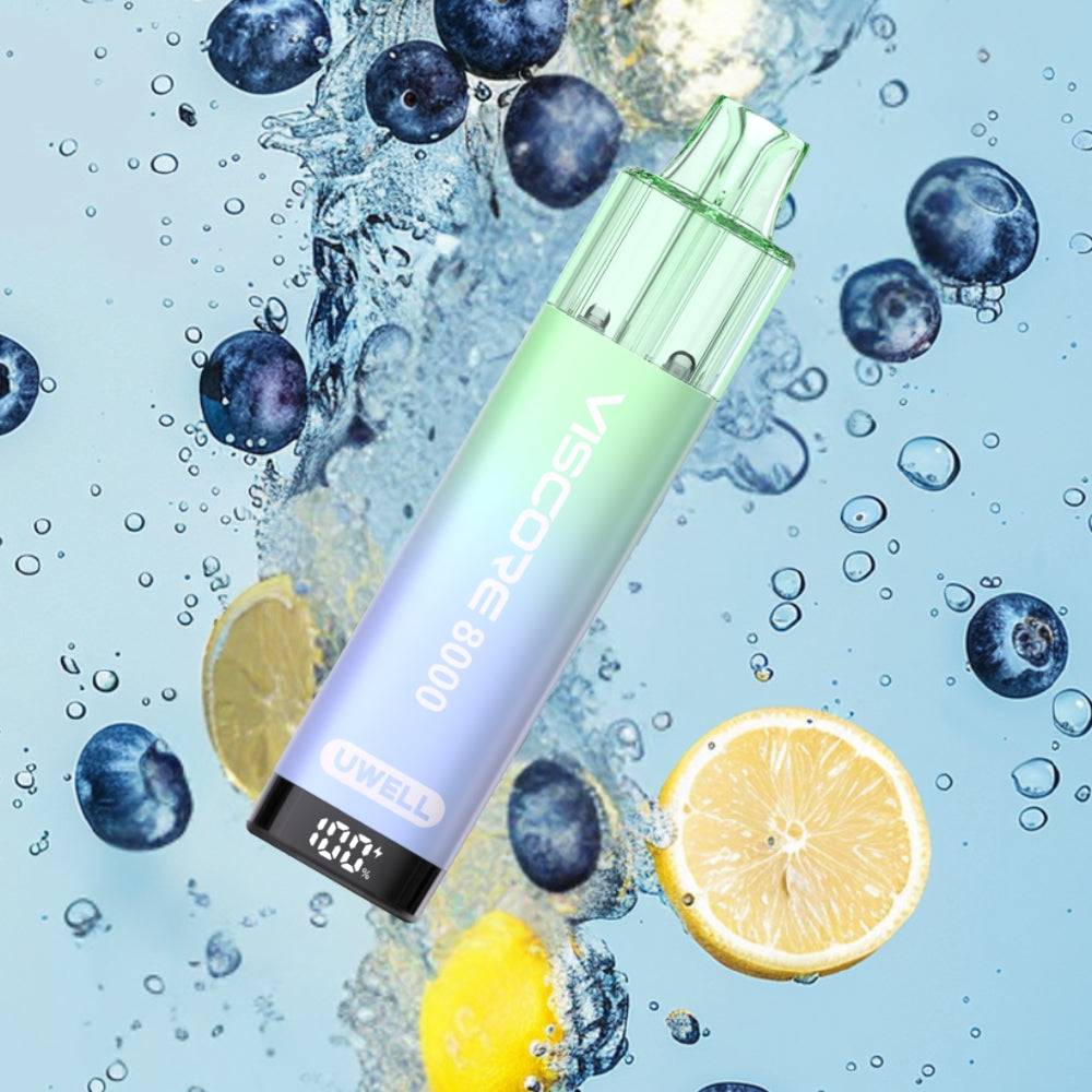 UWELL Viscape 8000 vape device with blueberries and lemon slices underwater splash