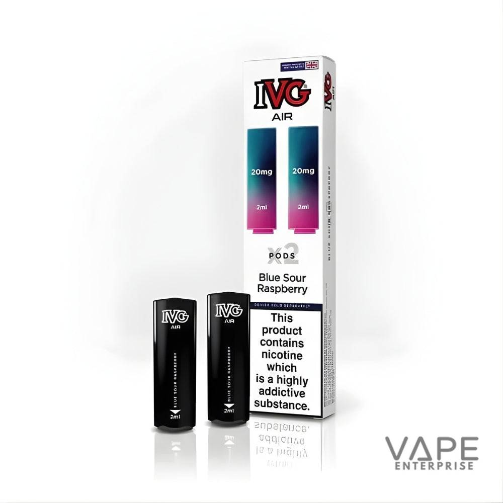 IVG Air Blue Sour Raspberry vape pods 20mg nicotine 2ml with health warning on white background