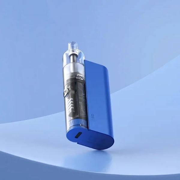 Blue compact vape device with transparent tank on smooth light blue surface