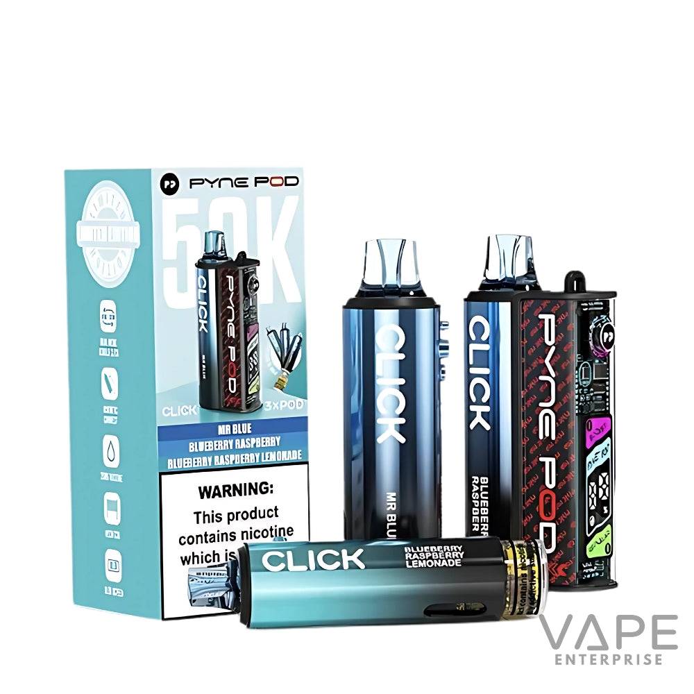 Pyne Pod Click 50K disposable vape devices in Blueberry Raspberry Lemonade flavor with product packaging