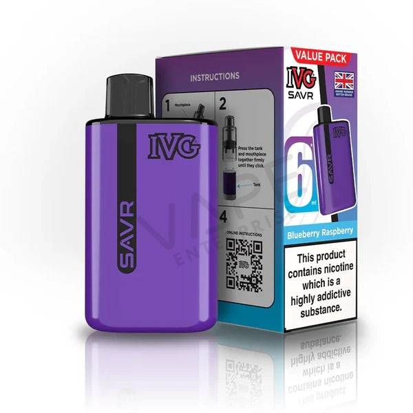 Purple IVG Savr vaping device with blueberry raspberry flavor packaging and nicotine warning label