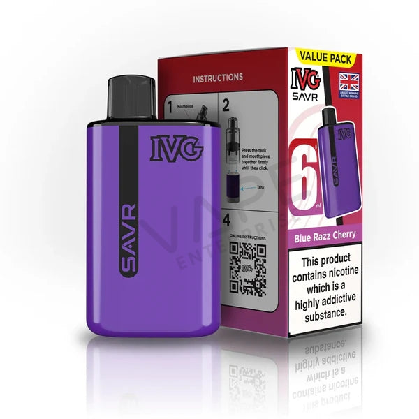 Purple IVG SAVR Blue Razz Cherry 6ml vape device next to red and white value pack box with nicotine warning