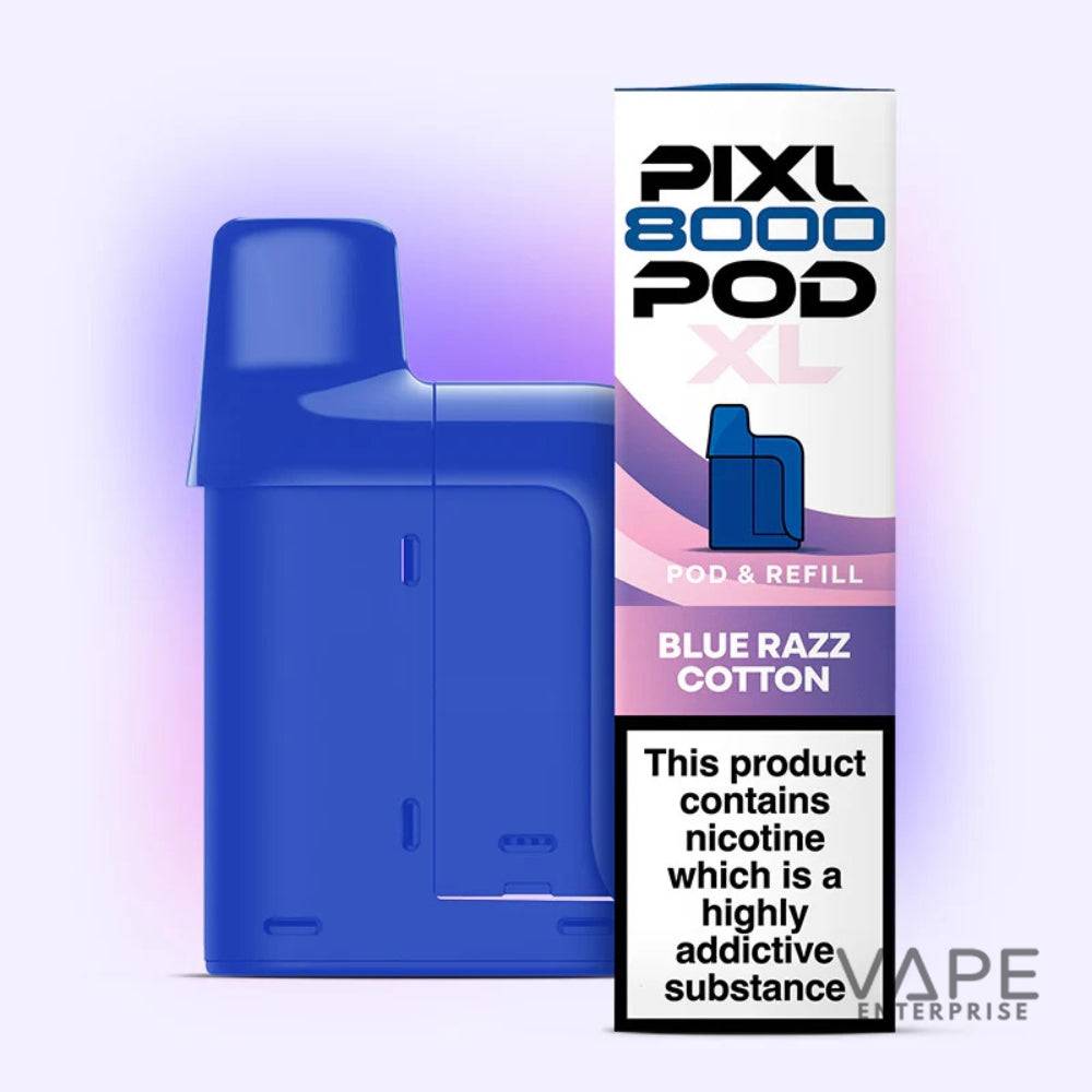 Blue PIXL 8000 Pod XL vaping device next to Blue Razz Cotton refill pod with nicotine warning