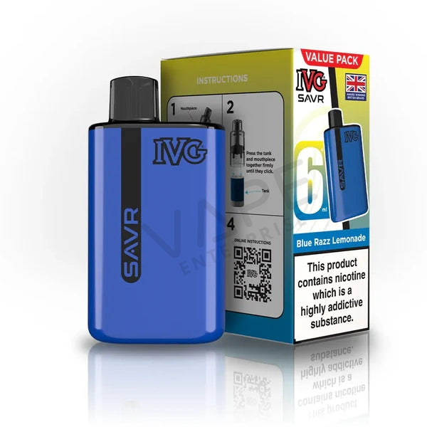 IVG SAVR Blue Razz Lemonade 6ml vape device with value pack box and nicotine warning