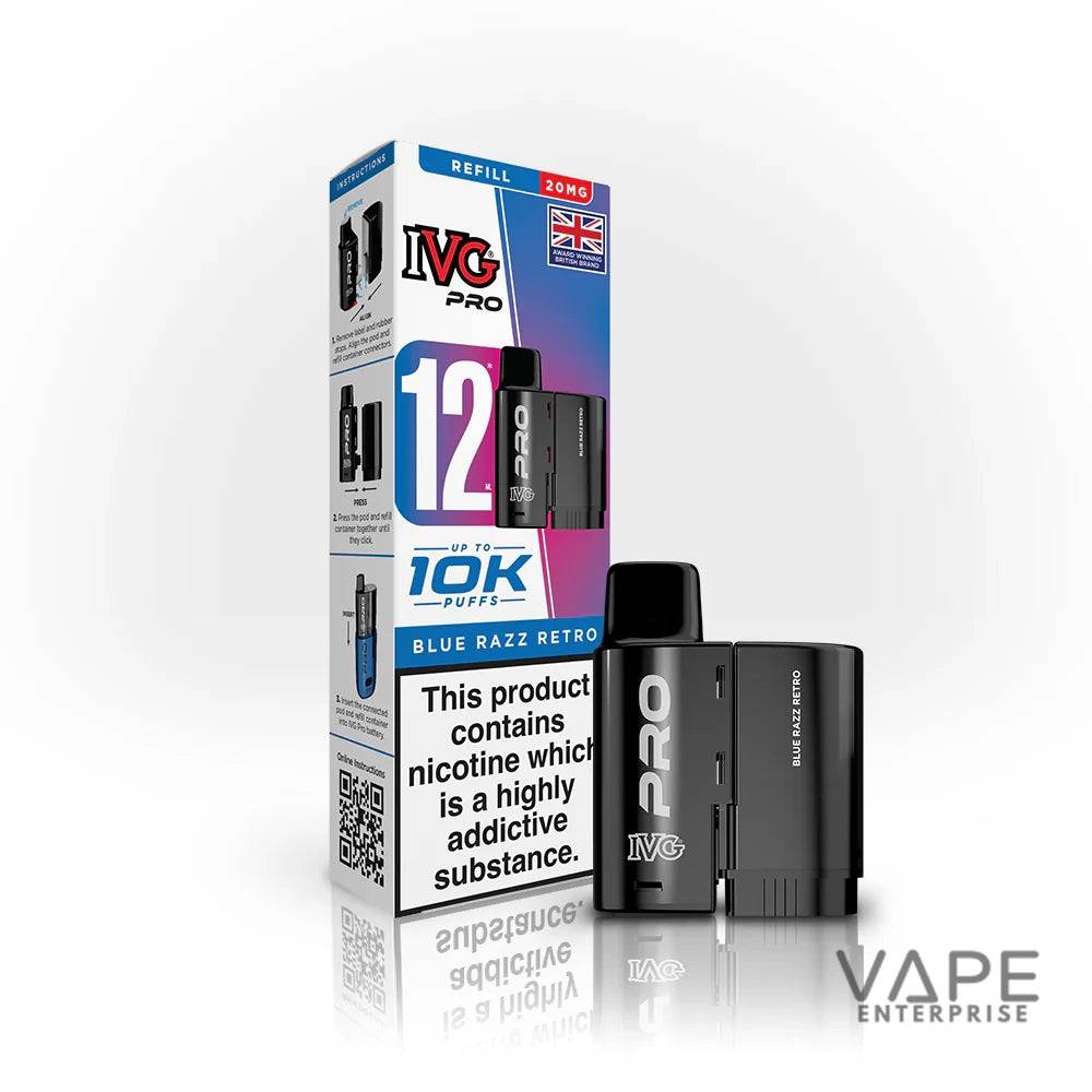 IVG Pro Blue Razz Retro vape device with 12ml refill and up to 10k puffs with nicotine warning