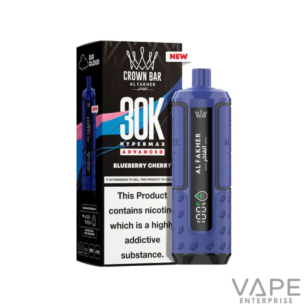 Blueberry Cherry Crown Bar Al Fakher 30K Hypermax Advanced vape device and packaging