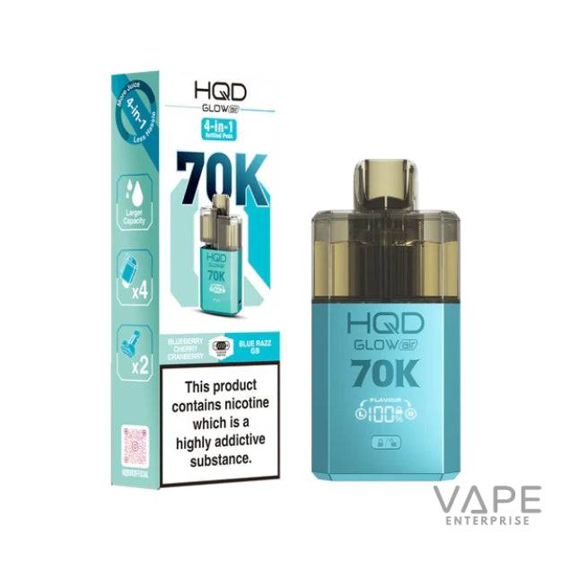 HQD Glow 70K Blue Razz GB vape device with blueberry cherry cranberry flavor and nicotine warning