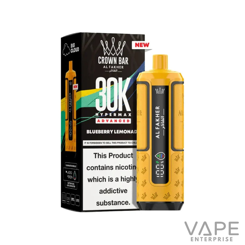 Yellow Al Fakher Crown Bar 30K Hypermax disposable vape with blueberry lemonade flavor and packaging