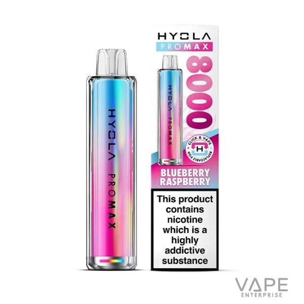 Hyola ProMax 8000 disposable vape with blueberry raspberry flavor in pink and blue gradient packaging
