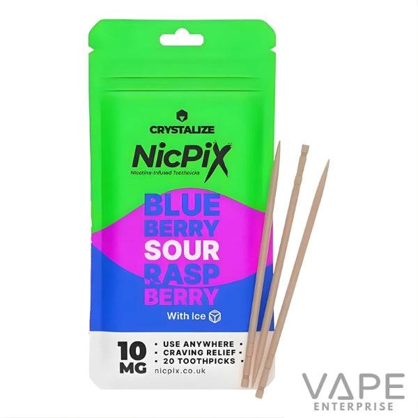 NicPix Blueberry Sour Raspberry nicotine-infused toothpicks pack with three wooden toothpicks and 10mg strength