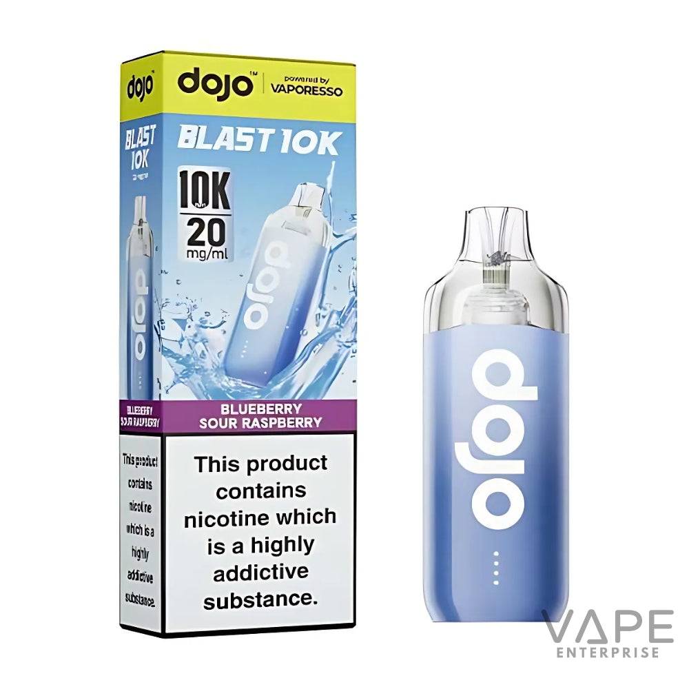 Dojo Blast 10K blueberry sour raspberry disposable vape with 20mg nicotine, blue device and packaging