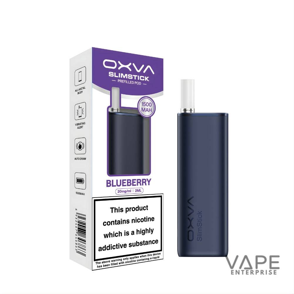 OXVA Slimstick blueberry prefilled vape pod with 1500mAh battery and nicotine warning