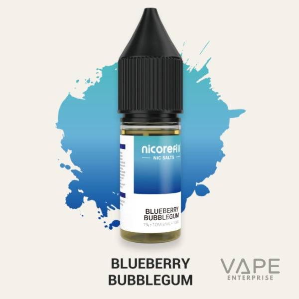 Nicorefill Blueberry Bubblegum nicotine salt vape juice bottle on blue splash background