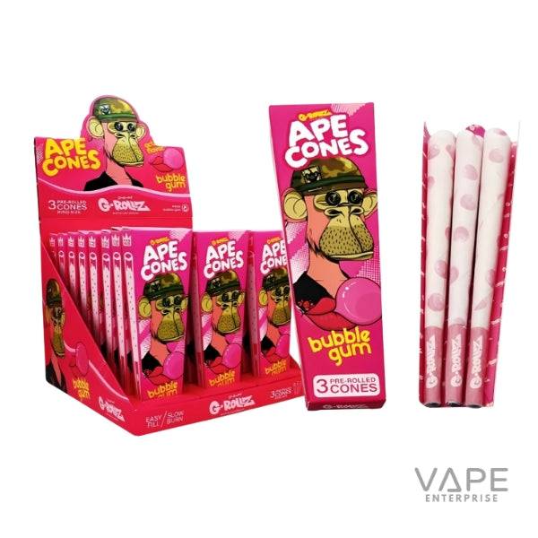 Ape Cones bubble gum flavored 3 pre-rolled cones in pink packaging with cartoon ape wearing a helmet