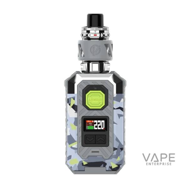 Vaporesso Armour Max vape kit in blue camo design with digital display showing 220 watts