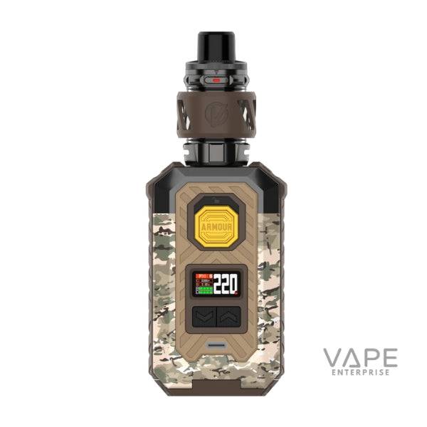 Vaporesso Armour Max vape kit with camo brown design and digital display showing 220W power