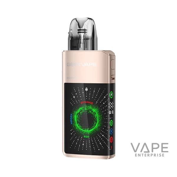Champagne gold GeekVape pod vape device with digital display showing power modes and battery indicators