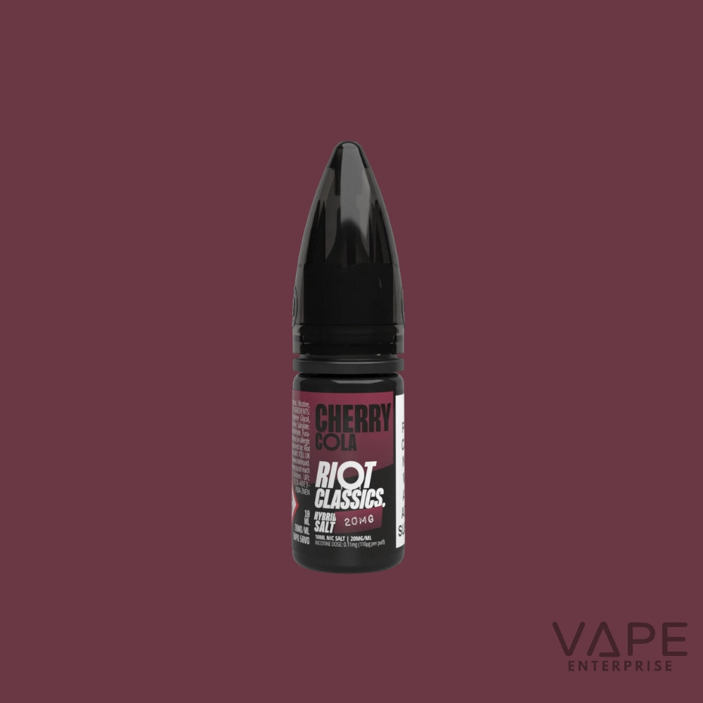 Vape juice bottle labeled 'Cherry Sour' by 'Riot Classics' on a maroon background.