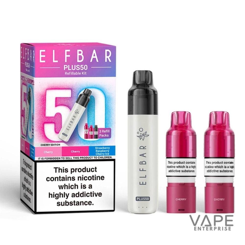 Elf Bar Plus50 refillable vaping kit with packaging on a white background
CherryEdition