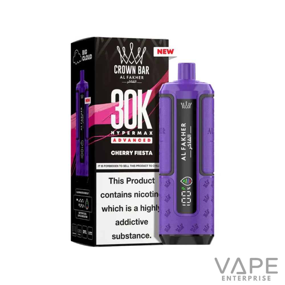 Purple Crown Bar Al Fakher 30K Hypermax Advanced Cherry Fiesta vape device with packaging