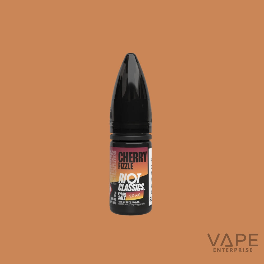 Vape juice bottle labeled 'Cherry Fizzle' by Riot Classics on a brown background