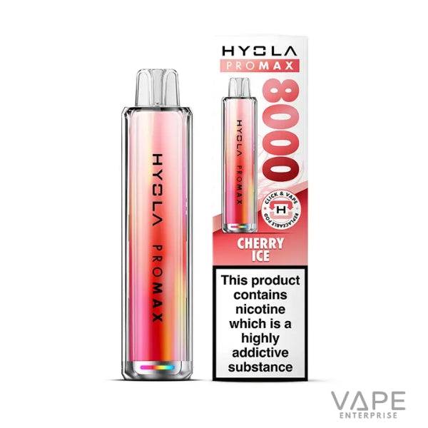 Hyola Pro Max 8000 Cherry Ice disposable vape with pink-red gradient and nicotine warning label