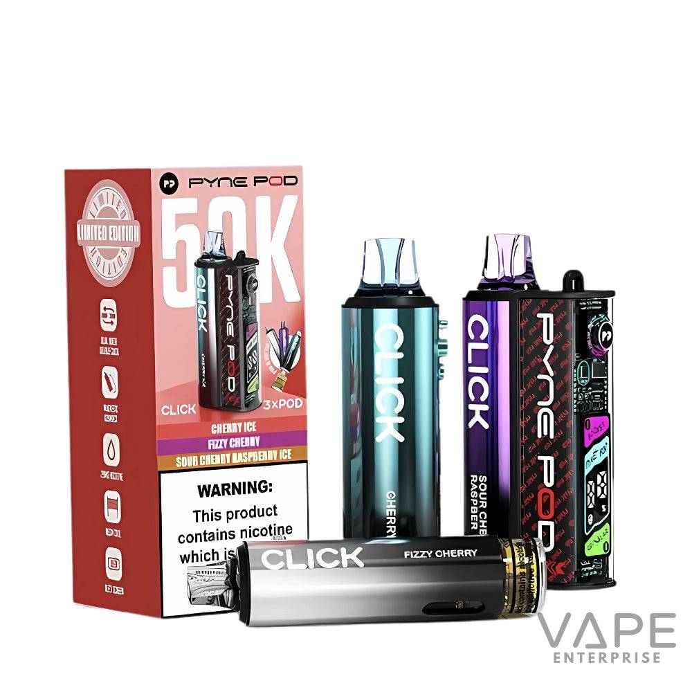 Pyne Pod 50K limited edition vape kits with Click Cherry, Fizzy Cherry, and Sour Cherry Raspberry flavors