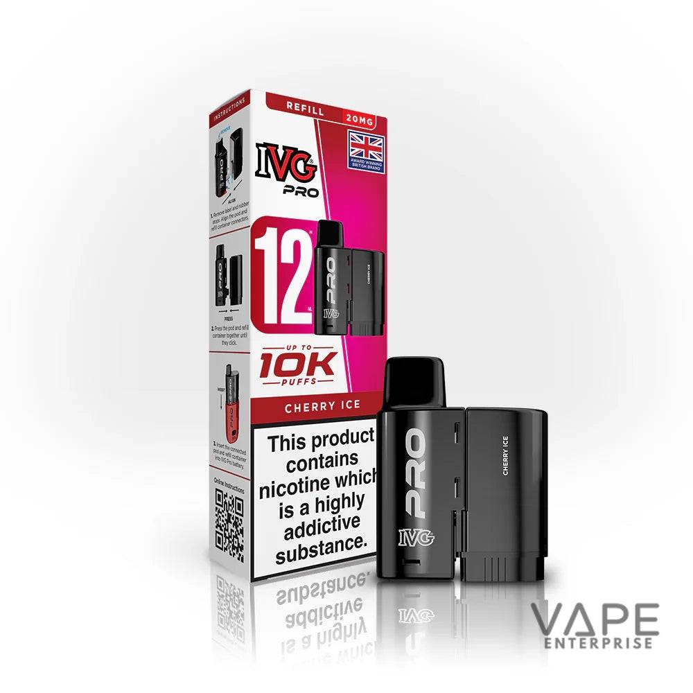 IVG Pro Cherry Ice vape device and refill pod with 12ml e-liquid, 20mg nicotine, 10K puffs